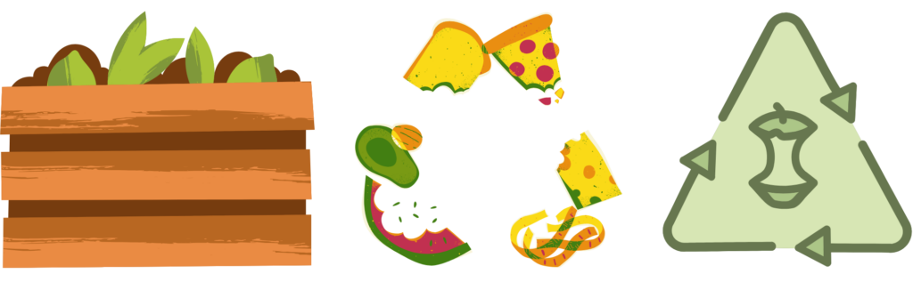 Drei symbole, die das Kompoastieren wiederspiegeln. Ein Kompost, Essensabfälle sowie ein grünes Sybol für das kompostieren von Küchenabfällen.